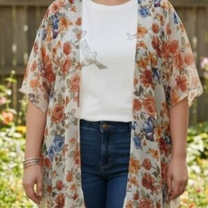 Long Floral Kimono Cardigan Size 2X-3X Like New Boho Whimsical Plus Size.